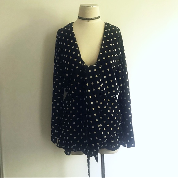 Pants - Deep plunging neckline ruffle dots ruffle romper